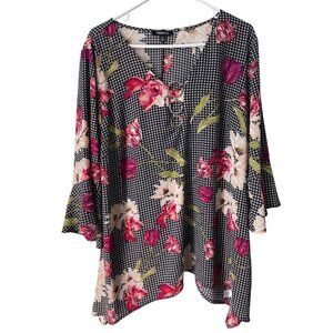 Relativity Tunic Top Plus Size 3X Floral Houndstooth O Ring V Neck Black White